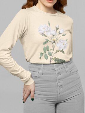 White Rose Vintage Floral Print Long Sleeve Graphic Tee T-shirt S-XXL